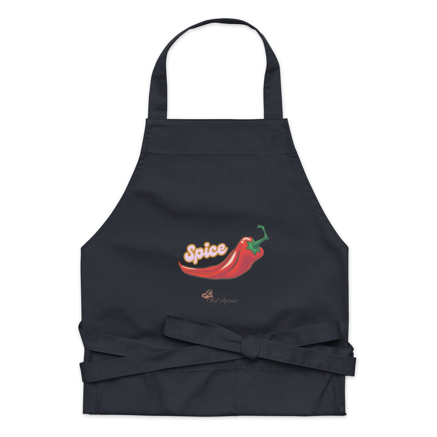 Front view of Navy Blue Spice Design Cotton Chef Apron for with Red Pepper
